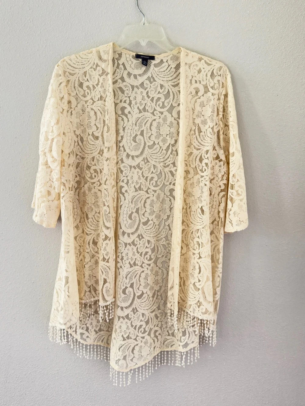 Espresso Cream Floral Lace Kimono Robe with Beaded Fringe